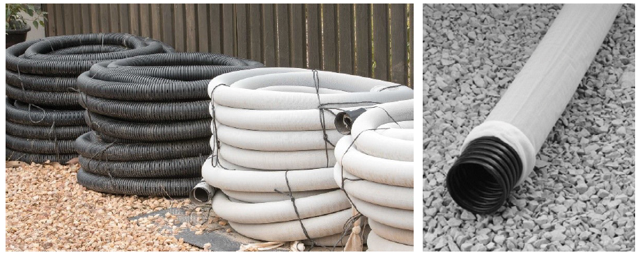 Figure 59. Geotextile sleeve around drainage pipe. Photos by JAG Trading.