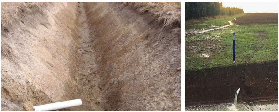 Figure 52. Underground drain outfalls into an open trench drain. Right photograph by Will Wishaw.