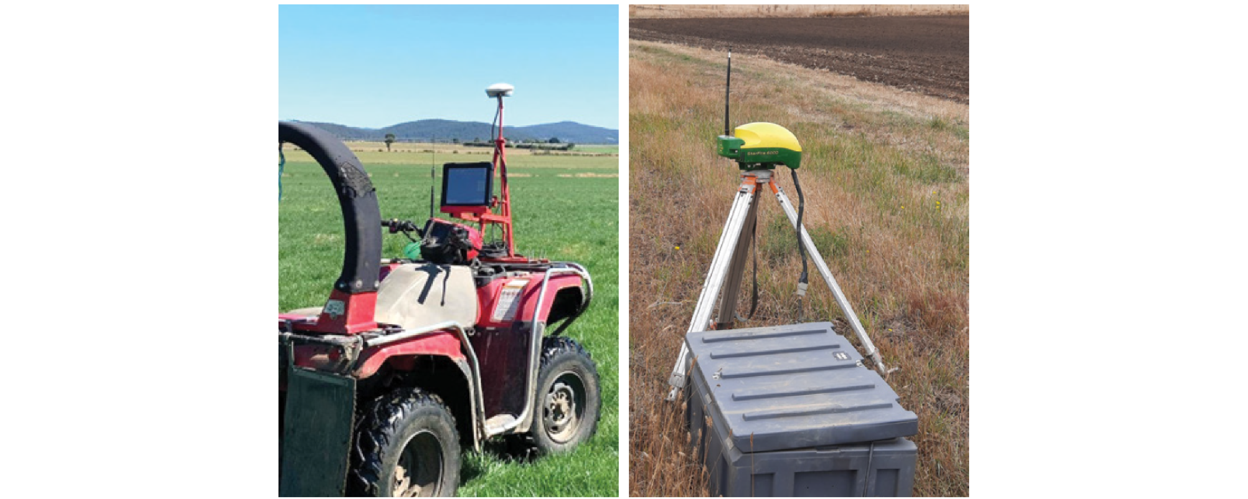 Figure 20. GPS and elevation data collection set up on a quad bike (Photo by Will Wishaw) and an in the paddock base station (right) for accurate elevation data and machinery control.
