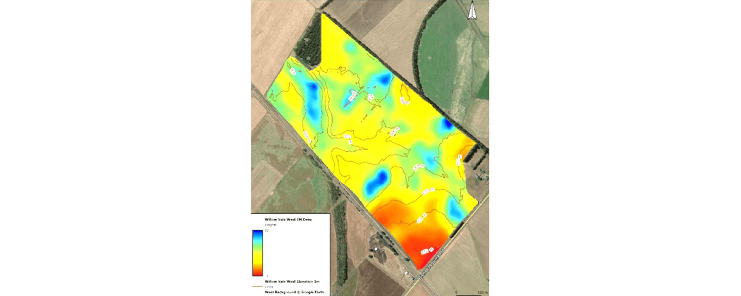 Figure 24. EM map showing zones of difference due to soil/water properties. Image by Reuben Wells.